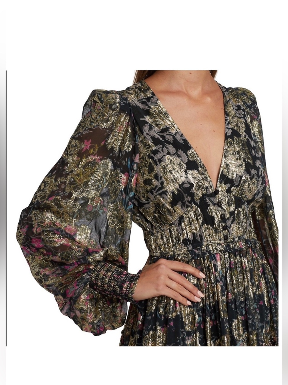 NWT Hemant & Nandita Metallic Tiered Long-Sleeve V-Neck Mini Dress size small - Picture 5 of 8